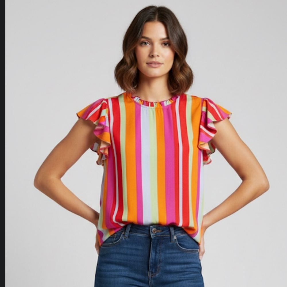 Emily Wonder Multi-Color Striped Flutter Sleeve Top | Size 1